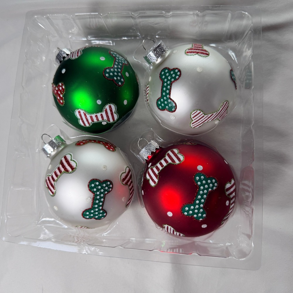 Dog Bone Christmas Ornaments Set of 4 Red Green White Glitter Pet Holiday Decor